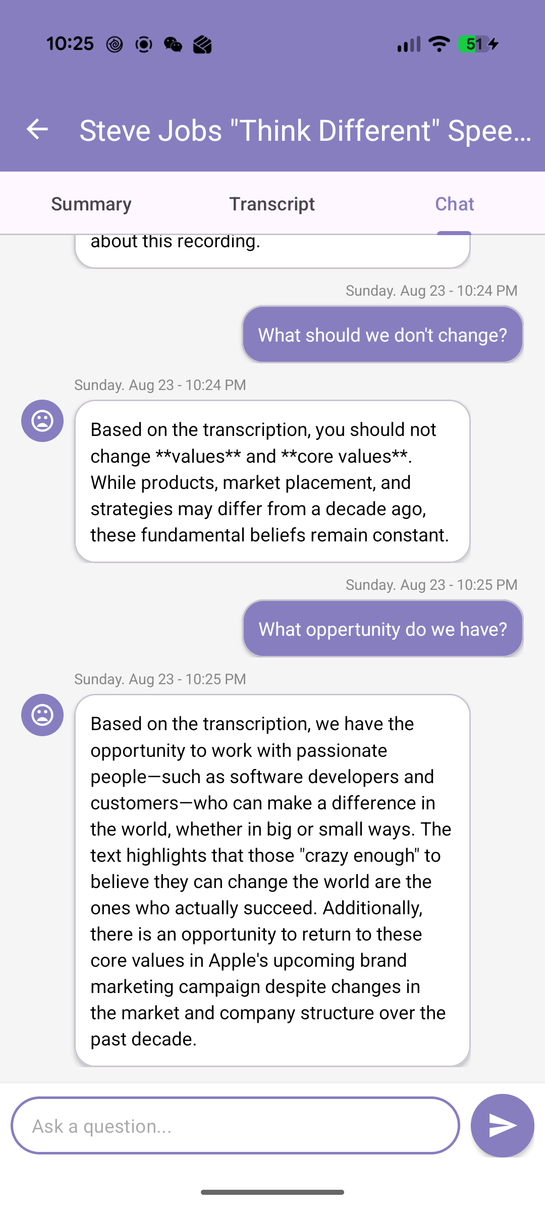 AI chat answering questions about the Steve Jobs Think Different recording