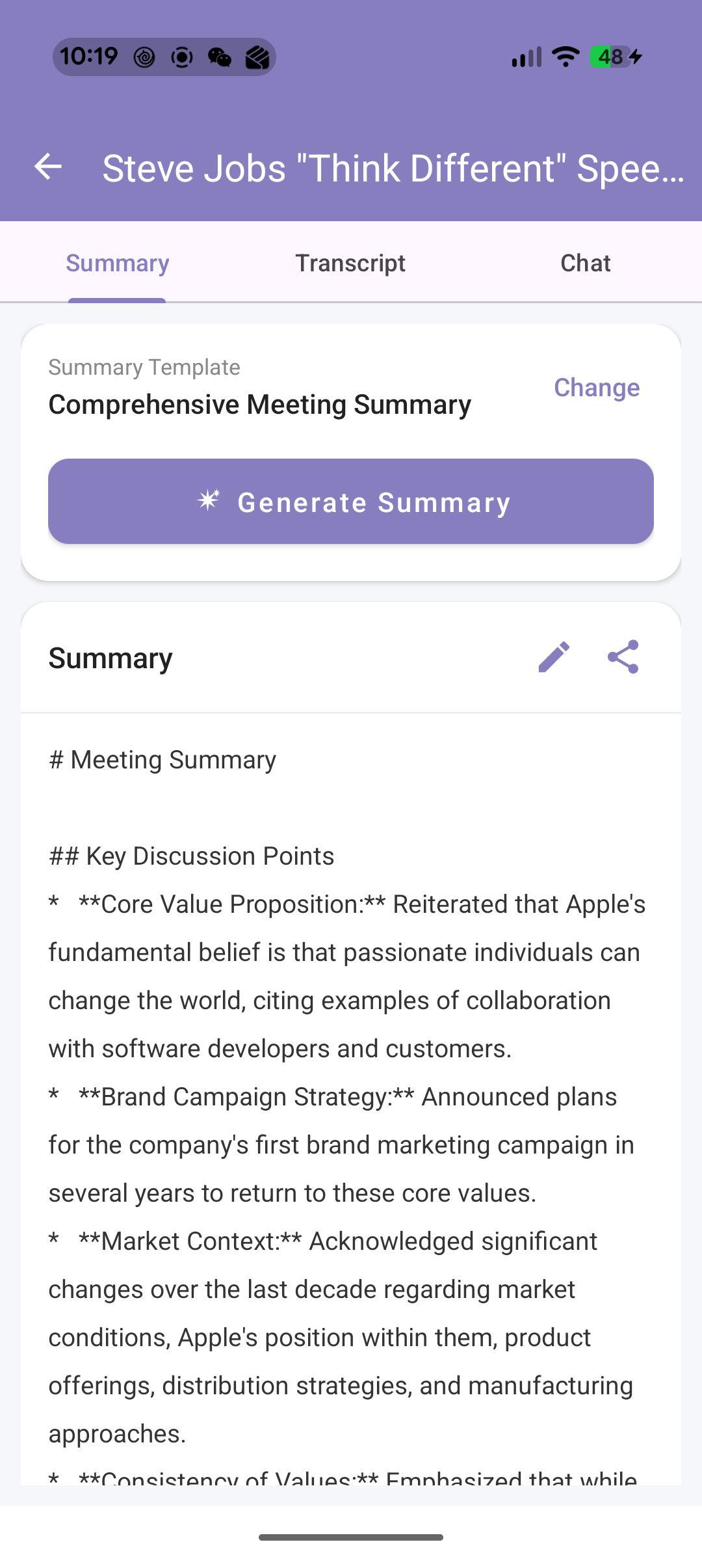 AI summary of a Steve Jobs Think Different recording with key discussion points